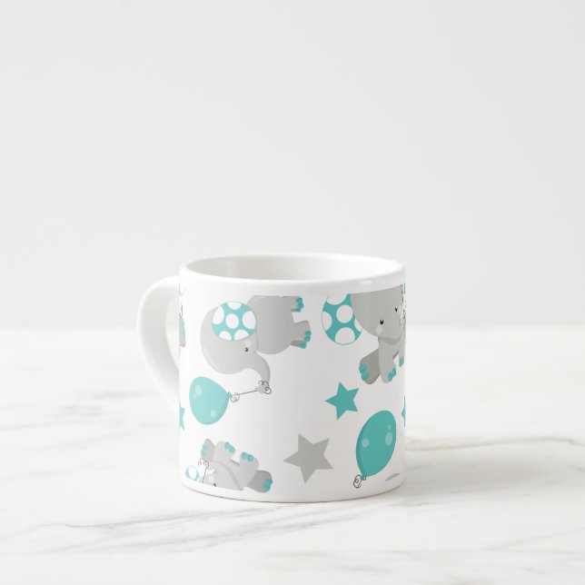 Taza De Espresso Patrón de Elefantes, Elefantes Cutos - Gris Azul (Izquierda)