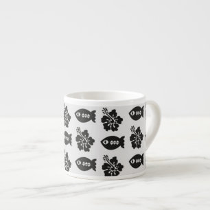 Taza De Espresso Patrón de flores y peces Tiki en blanco y negro