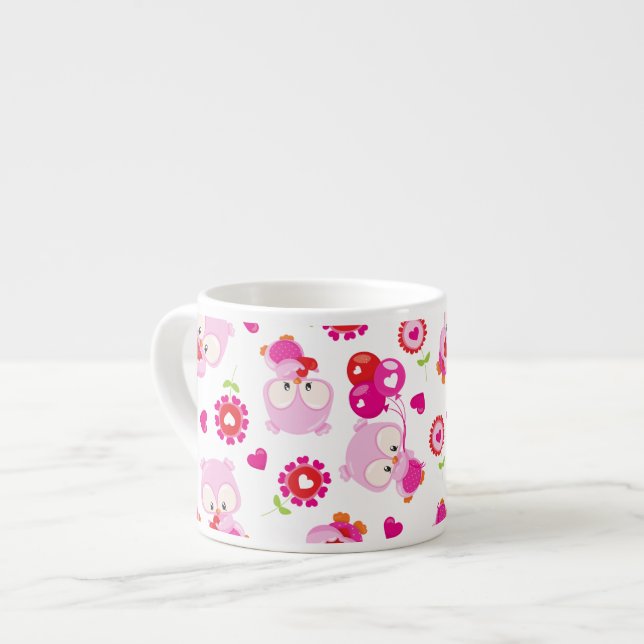 Taza De Espresso Patrón De Lechuzas, Lechuzas Cutas, Lechuzas Rosad (Izquierda)
