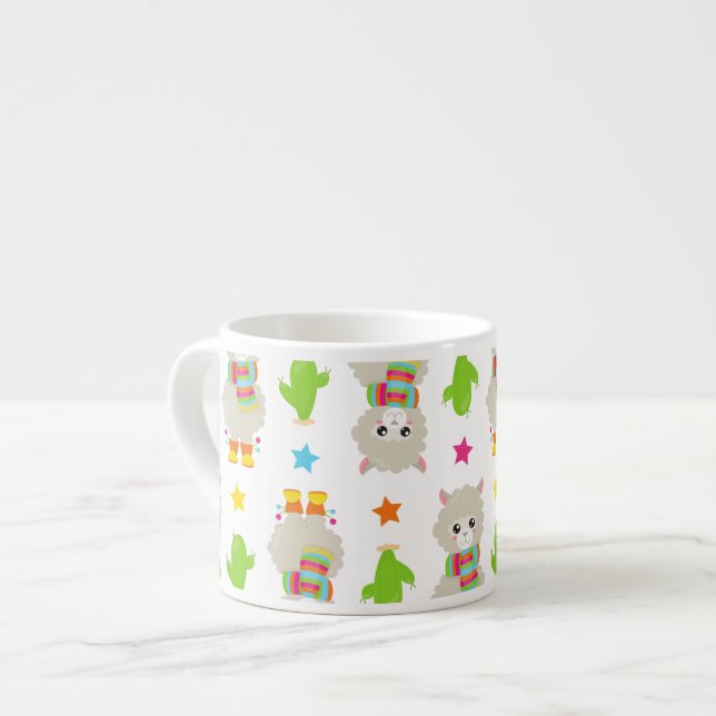 Taza De Espresso Patrón De Llamas, Llamas Cutas, Alpacas, Cactus (Izquierda)