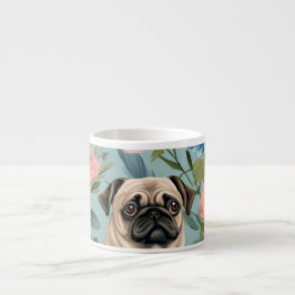 Taza De Espresso Patrón Floral Antiguo de Pug Diseño Botánico Adora