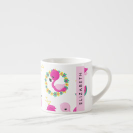 Taza De Espresso Patrón tropical, flamencos, flores, tu nombre