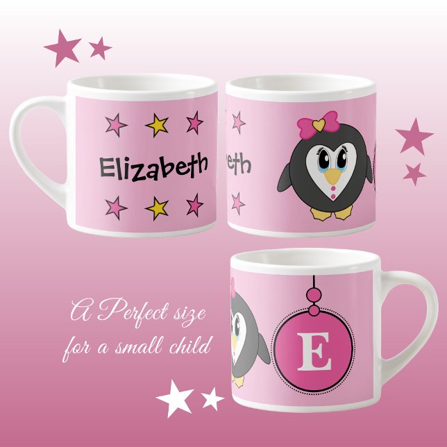 Taza De Espresso Pingüino lindo amarillo rosa con estrellas de niño (Subido por el creador)