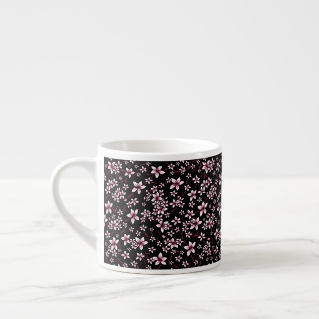 Taza De Espresso Pink Cherry Blossoms On Black (Izquierda)