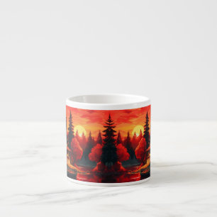 Taza De Espresso Pintura de atardecer con cabaña y lago-66633
