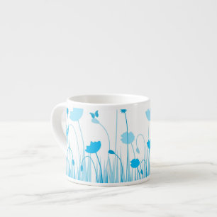 Taza De Espresso Poppies minimalistas azul y blanco pradera floral