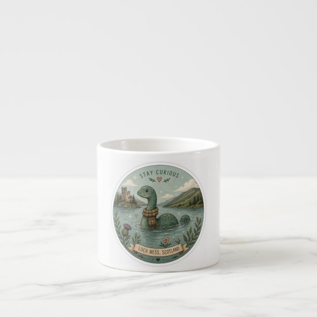 Taza De Espresso Quédate Curioso Acogedor Críptido Nessie Monstruo  (Frente)