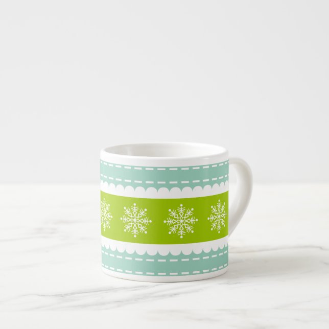 Taza De Espresso Rayas verdes y azules con copos de nieve para los  (Derecha)