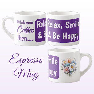 Taza De Espresso Relájate sonreír, feliz flores de gerbera púrpura