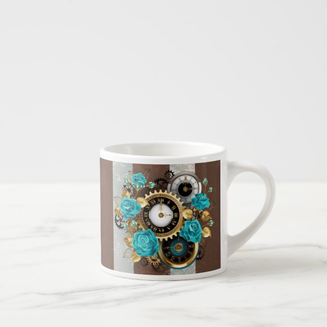 Taza De Espresso Reloj de vapor y Rosas turquesa a rayas (Derecha)