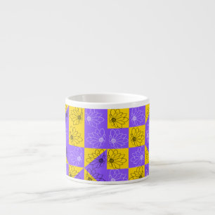 Taza De Espresso Retro Boho Morado y Amarillo Damasco de Ajedrez