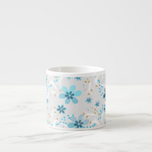 Taza De Espresso Retro , estampado floral , azul , gris (Frente)