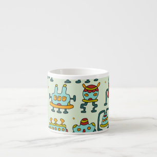 Taza De Espresso Robots Aliens Ilustracion de patrones de vintage