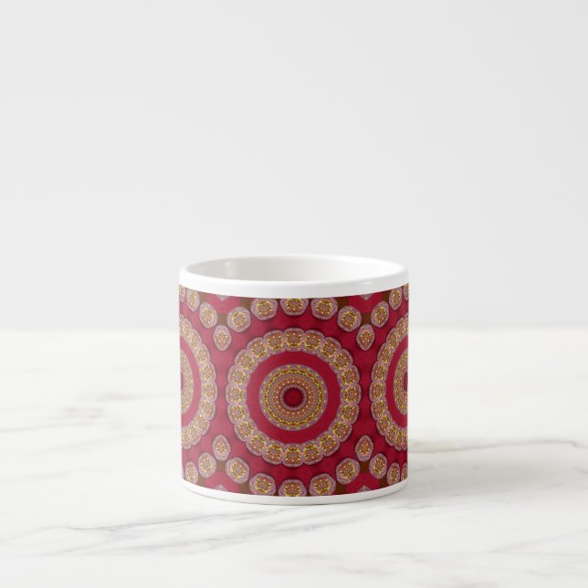 Taza De Espresso Rojas Rosetas Mandala de Oro Amarillo (Frente)