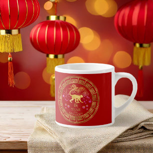 Taza De Espresso Rojo/Oro de mono zodiaco chino ID542