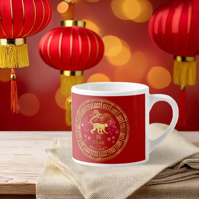 Taza De Espresso Rojo/Oro de mono zodiaco chino ID542 (Subido por el creador)