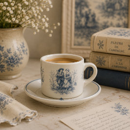 Taza De Espresso Romántico campo francés Toile en azul polvoriento