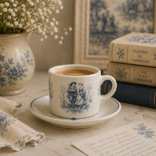 Taza De Espresso Romántico campo francés Toile en azul polvoriento