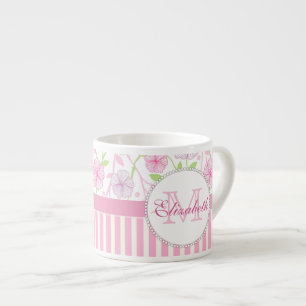 Taza De Espresso Rosa, púrpura, flores, rayas rosadas y blancas