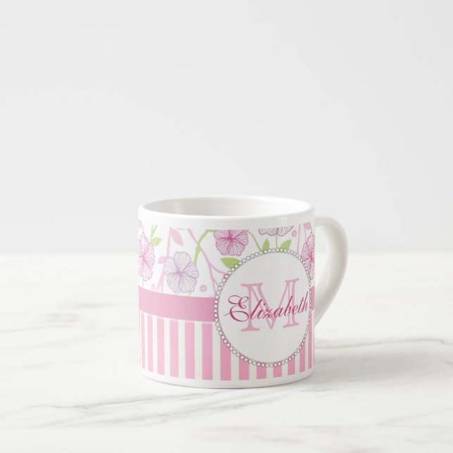 Taza De Espresso Rosa, púrpura, flores, rayas rosadas y blancas (Derecha)