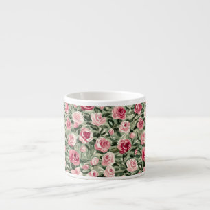 Taza De Espresso Rosas Florales Rosadas Rojas Verdes 