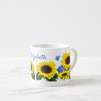 Taza De Espresso Sunflower and Hydrangea Custom Name Coffee Mug