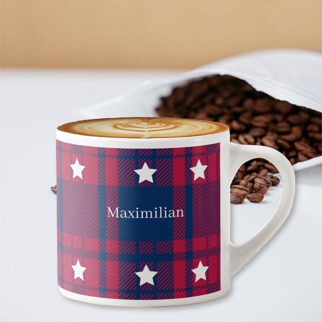 Taza De Espresso Tartán - Patriótico - Estrellas blancas rojas (Tartan - Patriotic - Red Blue White Stars Espresso Cup by Leapfroglisics Shop)