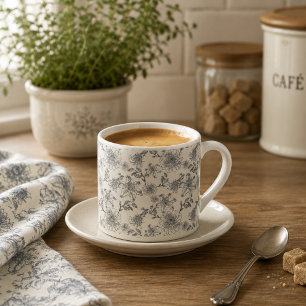 Taza De Espresso Toile Botánico Vintage Francés País Rústico Pájaro