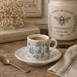 Taza De Espresso Toile de campo francés romántico en azul polvorien