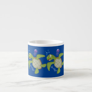 Taza De Espresso Tortuga marina verde suave feliz ilustracion perso