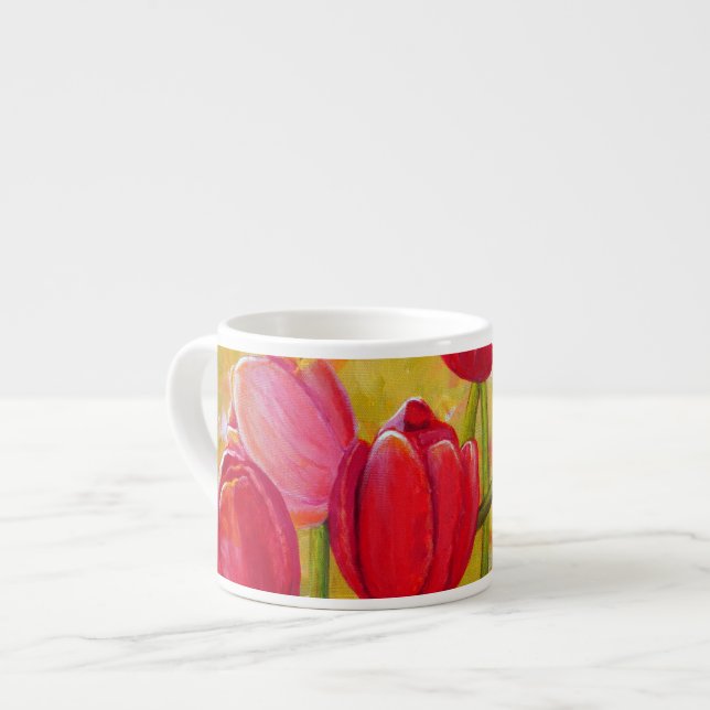 Taza De Espresso Tulipanes rosados y rojos con pintura de vida (Izquierda)