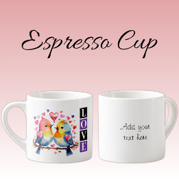 Taza De Espresso Valentine lovebirds custom text purple