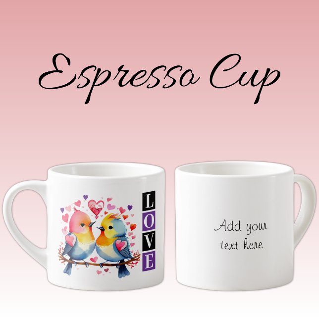 Taza De Espresso Valentine lovebirds custom text purple (Subido por el creador)