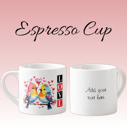 Taza De Espresso Valentine lovebirds custom text red