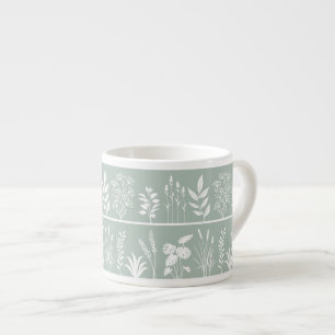 Taza De Espresso Verde Salvia Minimalista Silueta Botánica de Raya