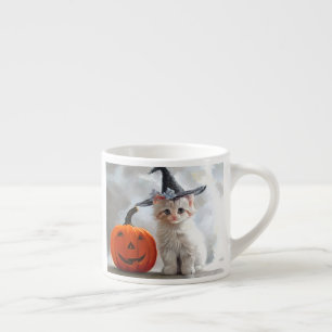 Taza De Espresso Vintage Halloween White Kitten y Jack-o'-lantern