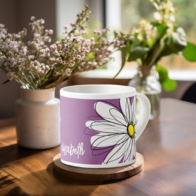 Taza De Espresso Whimsical Daisy - orquídea - nombre de guión moder (Personalized espresso mug)