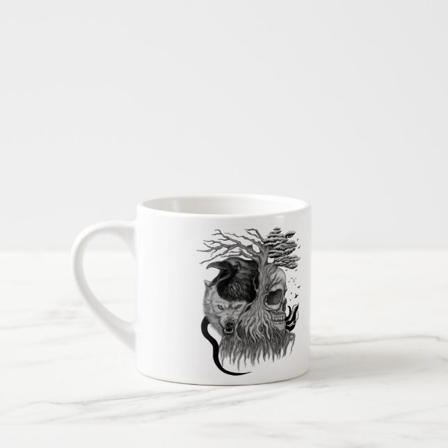 Taza De Espresso Wolf y Raven con el cráneo (Izquierda)