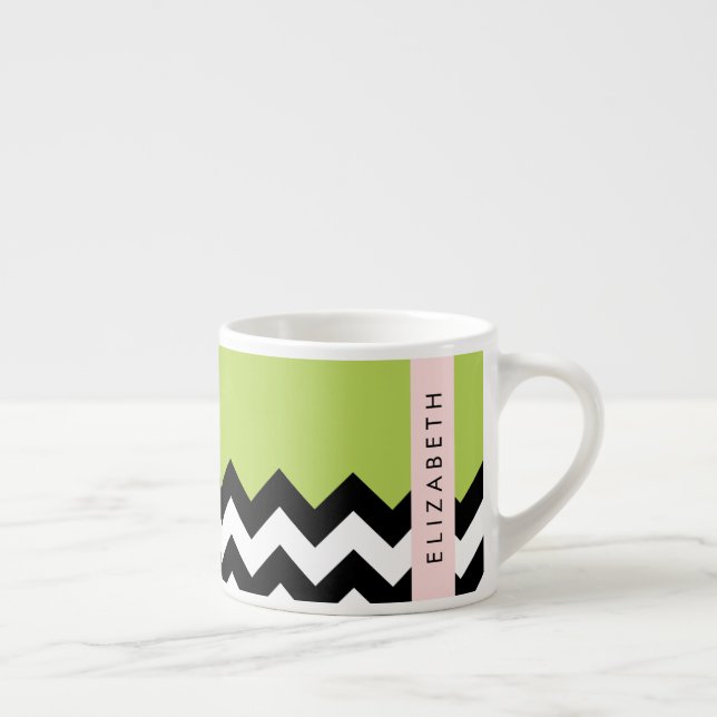 Taza De Espresso Zigzag negro y blanco, chevron, verde, tu nombre (Derecha)