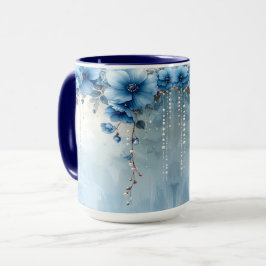 Taza de flores azules y perlas