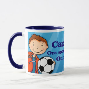 Taza de fútbol héroe sobrino "su nombre" azul