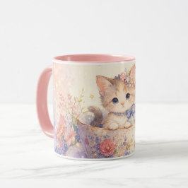 Taza de gatito en tetera floral