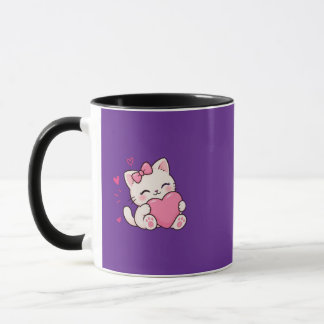 Taza de gato Kawaii lindo con corazón rosa