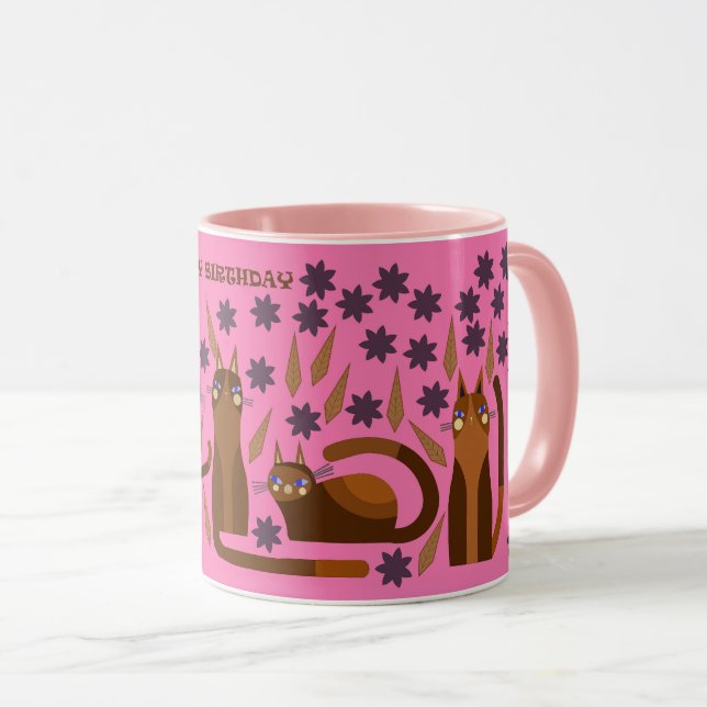 TAZA DE GATO ROSA PARA CUMPLEAÑOS (Anverso derecho)