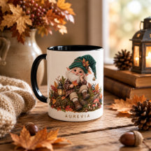 Taza de gnomo del bosque de otoño con hojas y bell