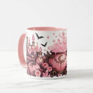 Taza de Halloween Caldero de Bruja Rosa y Botellas