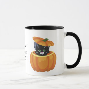 Taza de Halloween de calabaza gatito negro