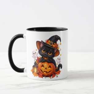 Taza de Halloween de gato negro lindo y calabaza