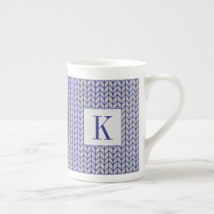 Taza de hueso de porcelana tejida gris azul + inic