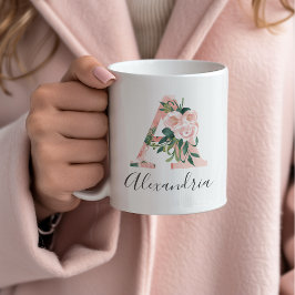 Taza de inicial de acuarela floral - A